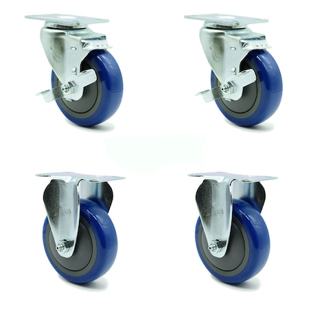 Service Caster 4 Inch Blue Polyurethane Wheel Swivel Top Plate Caster Set with 2 Brake 2 Rigid SCC-20S414-PPUB-BLUE-TLB-TP2-2-R-2